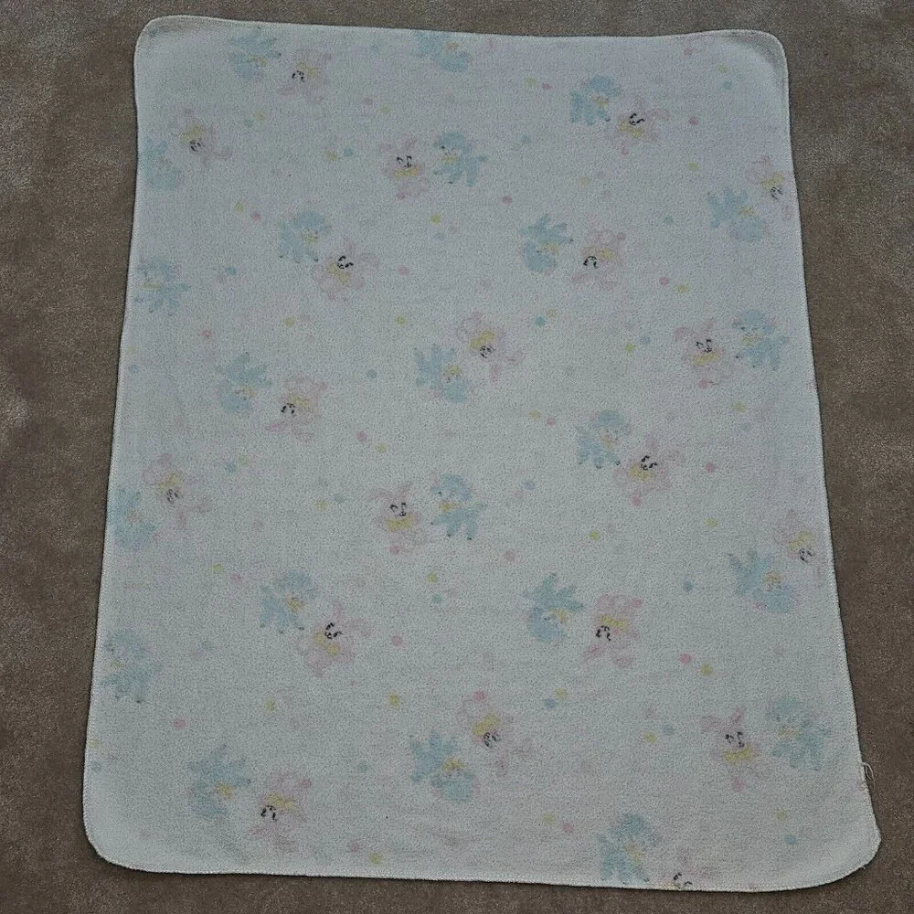 3 VTG Receiving Blankets Lot Blue Sheep Lambs Pink Bunny Rabbits Polka Dot